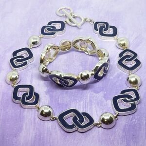 Liz Claiborne Silver Tone Blue Enamel Necklace & Bracelet Set